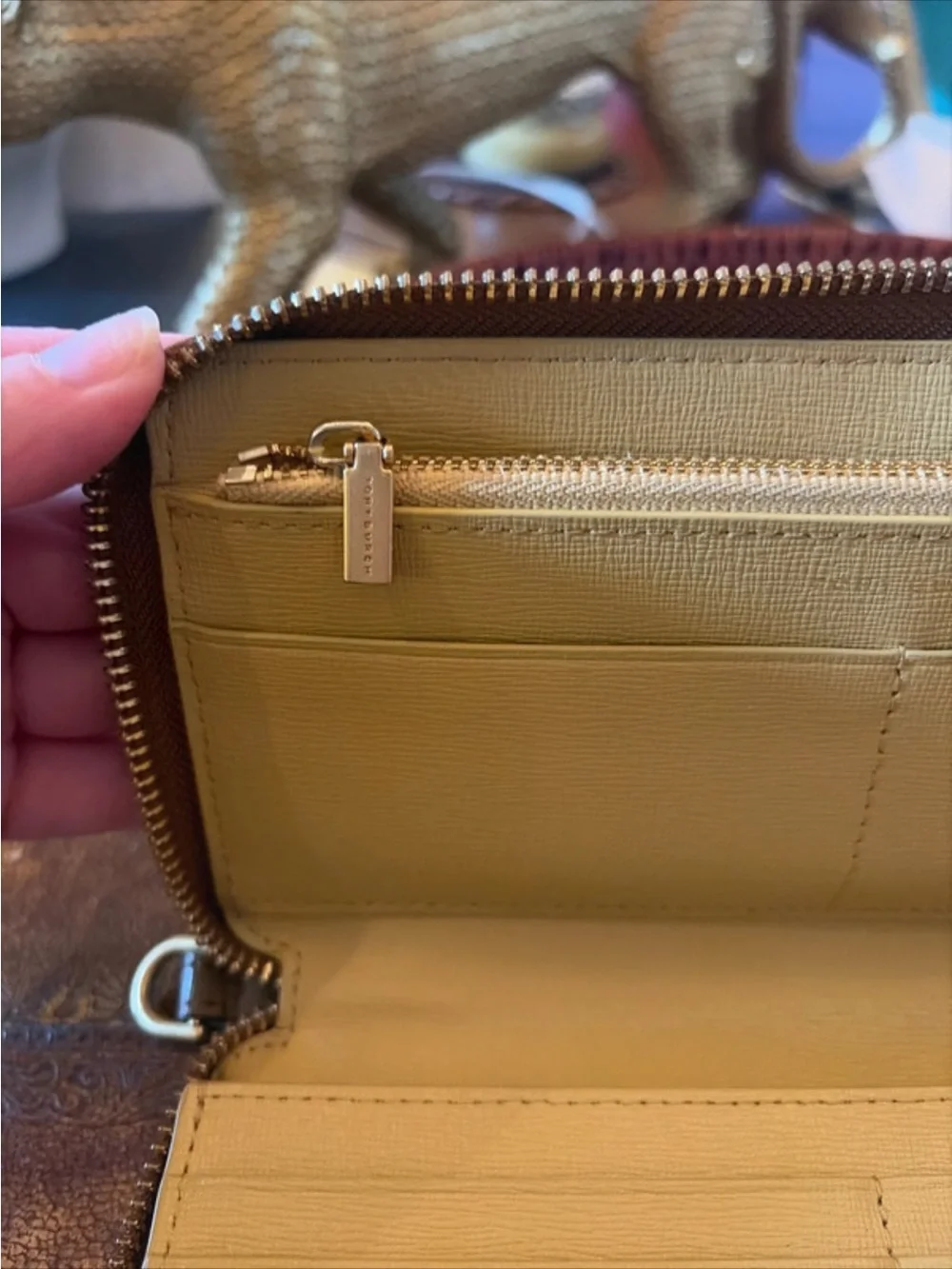 Tory Burch Brown Zip-Around Saffiano Wallet with Gold Logo